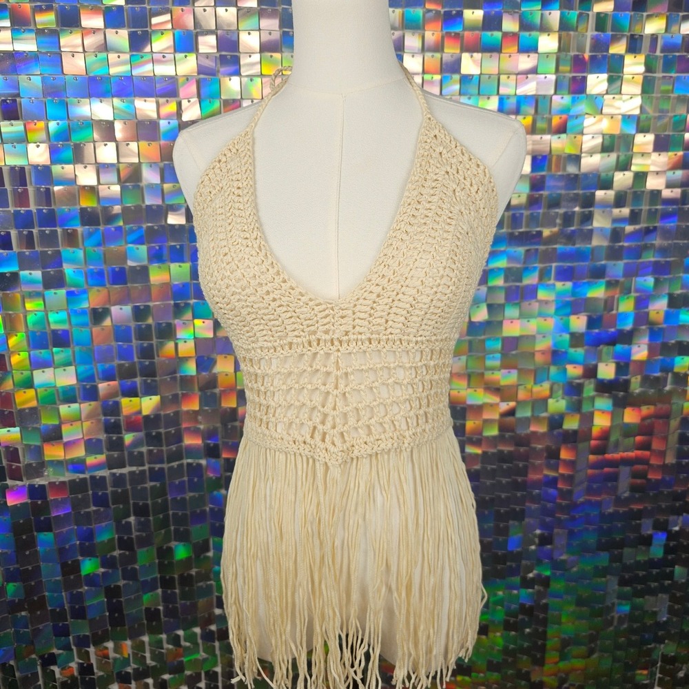 Crochet Halter Top Fringe Sleeveless Festival Beach Cover Up Boho Tank